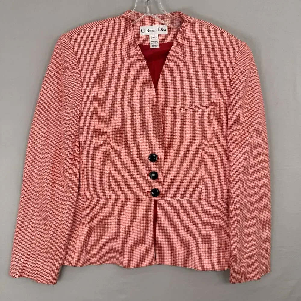 Vintage Christian Dior Houndstooth Skirt Suit Set Red White Jacket Sz 14 USA